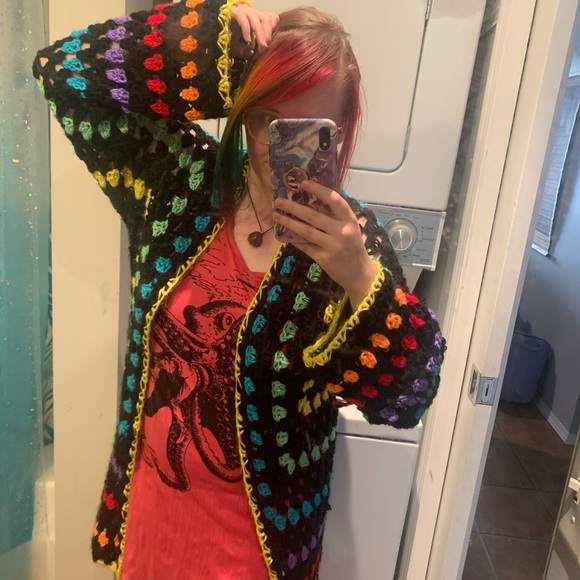 Jackets & Blazers - Crochet Rainbow Pattern Grandma Sweater